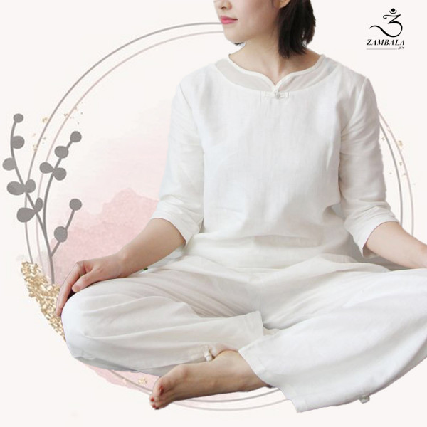 Bộ quần áo đi lễ chùa, áo lam đi chùa, trang phục đi chùa, ngồi thiền, nữ, vải đũi cao cấp, màu trắng, nâu, size S M L XL 2 XL may theo yêu cầu - Tâm Nguyện