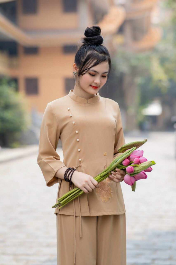 Bộ quần áo đi lễ chùa, áo lam đi chùa, trang phục đi chùa nữ, vải mango mềm mại, bộ cổ tàu nút ngọc buộc dây, màu trắng, nâu, be, lam, size S M L XL