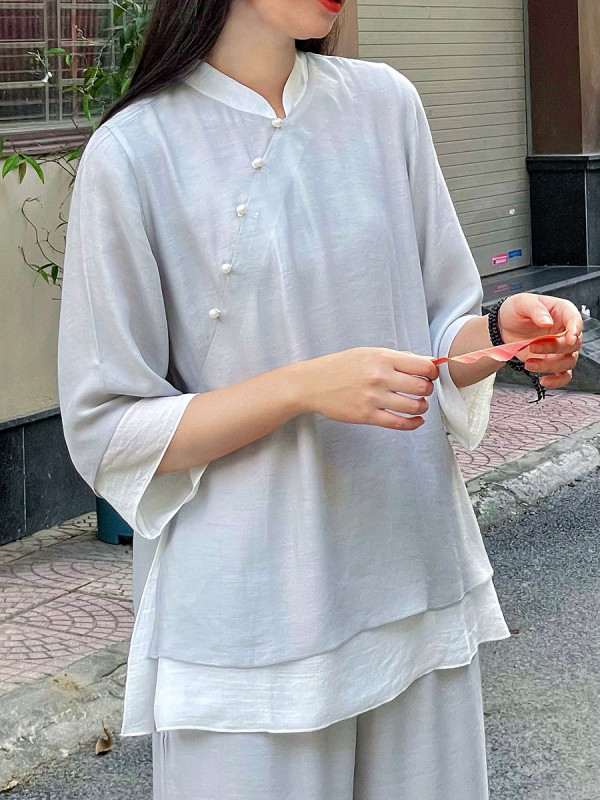 Bộ quần áo đi lễ chùa, áo lam đi chùa, trang phục đi chùa, ngồi thiền, nữ, vải tơ đũi cao cấp, màu trắng, nâu, size S M L XL 2 XL may theo yêu cầu - An Thanh Tuyền