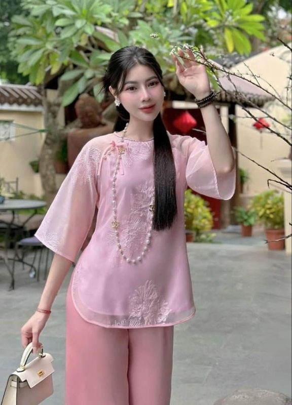 Bộ đi chùa, dưỡng sinh, bộ vải voan in hình thêu hoa cúc - size S M L XL
