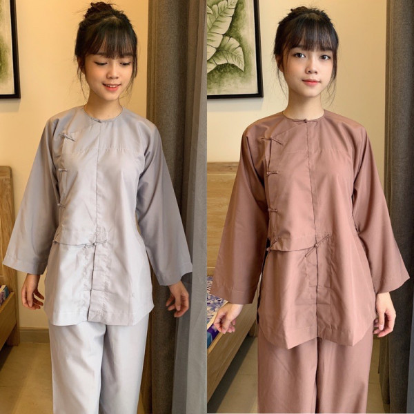 Bộ quần áo đi lễ chùa, áo lam đi chùa, trang phục đi chùa nữ, vải kate silk, kiểu vạt hò ngắn, màu nâu, be, lam, vàng, size S M L XL