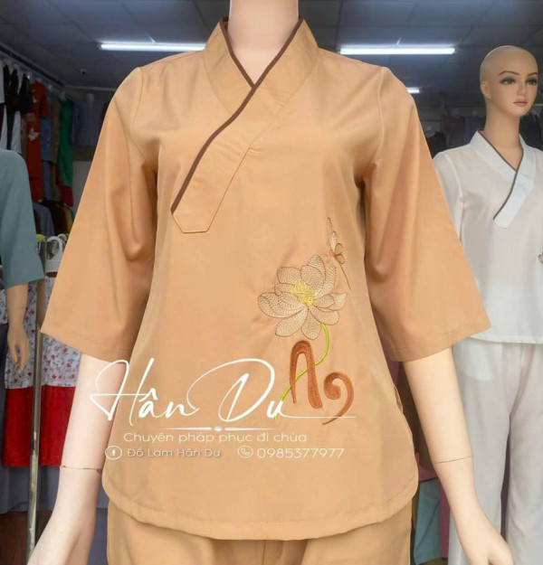 Bộ quần áo đi lễ chùa, áo lam đi chùa, trang phục đi chùa nữ, vải kate lụa, thêu sen chữ An, màu trắng, nâu, be, lam, size S M L XL