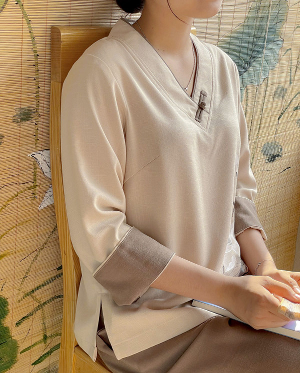 Bộ quần áo đi lễ chùa, áo lam đi chùa, trang phục đi chùa nữ, vải đũi, cổ Nhật, màu trắng, lam, hồng, nâu sữa, size S M L XL 2 XL hàng cao cấp, may theo yêu cầu - Tâm Liên Hoa