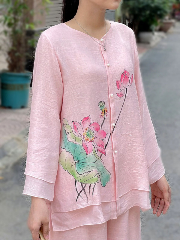 Bộ quần áo đi lễ chùa, áo lam đi chùa, trang phục đi chùa nữ, vải tơ đũi, áo bà ba 2 lớp, màu trắng, lam, hồng, nâu sữa, size S M L XL 2 XL hàng cao cấp, may theo yêu cầu - Tâm Lâm Giang