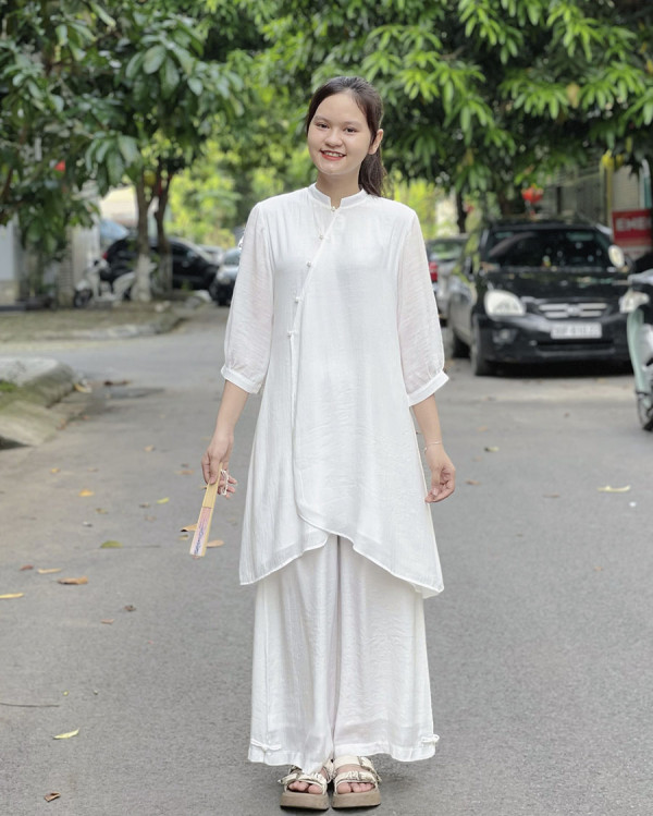 Bộ quần áo đi lễ chùa, áo lam đi chùa, trang phục đi chùa nữ, vải tơ đũi, cổ tàu tà dài, màu trắng, lam, hồng, nâu sữa, size S M L XL 2 XL hàng cao cấp, may theo yêu cầu - An Hạ Vân