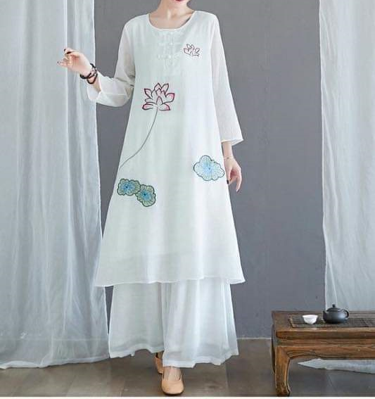 Bộ quần áo đi lễ chùa, áo lam đi chùa, trang phục đi chùa nữ, vải tơ đũi, cổ tròn, nút vải, tà dài, màu trắng, lam, hồng, nâu sữa, size S M L XL 2 XL hàng cao cấp, may theo yêu cầu - Tâm Cát Tường