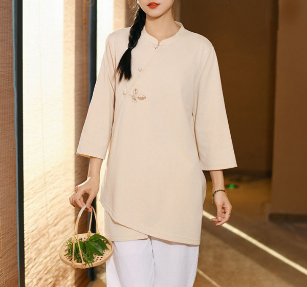 Bộ quần áo đi lễ chùa vải đũi, cổ cao, nút bọc vải, 2 tà áo chéo nhau, nhiều màu, nhiều size, hàng cao cấp, may theo yêu cầu