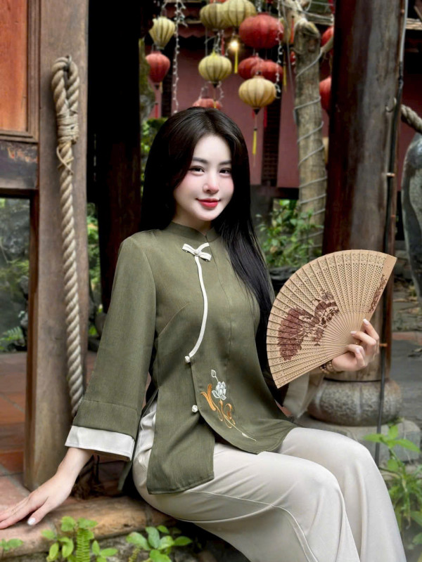 Bộ Pháp Phục, Đồ Lam Đi Chùa Nữ - Cổ Tàu Thêu Ngộ - Đũi Xước Thái - Size S,M,L,XL