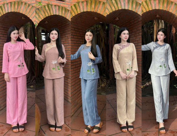 Bộ Pháp Phục, Đồ Lam Đi Chùa Nữ - Đũi Vân Mây Phối Cổ, Size S,M,L,XL