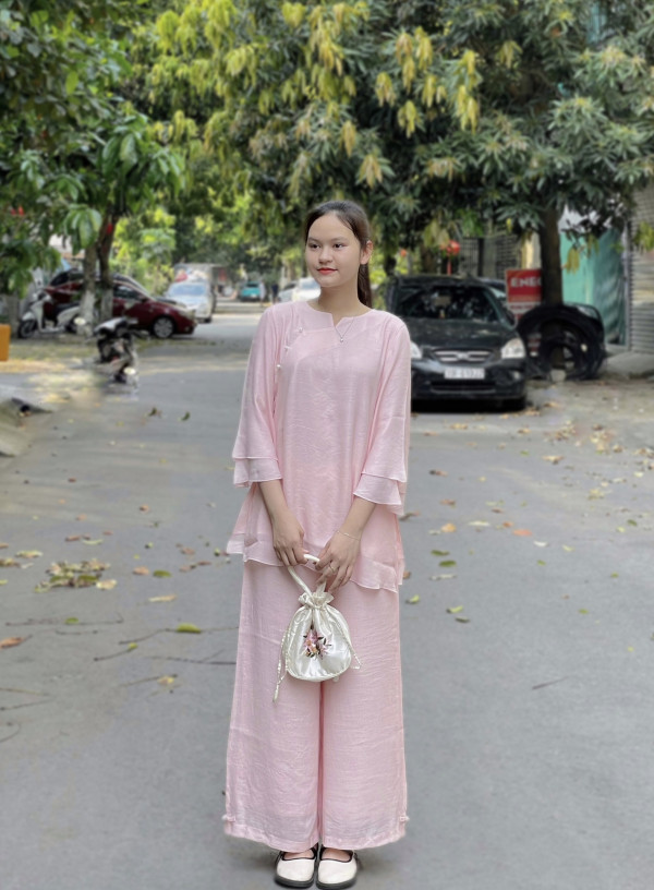 Bộ quần áo đi lễ chùa, áo lam đi chùa, trang phục đi chùa nữ, vải tơ đũi, cổ tròn, nút ngọc, màu trắng, lam, hồng, nâu sữa, size S M L XL 2 XL hàng cao cấp, may theo yêu cầu - Tâm Trúc An