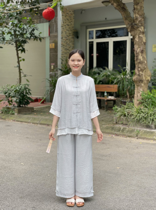 Bộ quần áo đi lễ chùa, áo lam đi chùa, trang phục đi chùa nữ, vải tơ đũi, cổ tàu 2 lớp, màu trắng, lam, hồng, nâu sữa, size S M L XL 2 XL hàng cao cấp, may theo yêu cầu - An Hương Chi