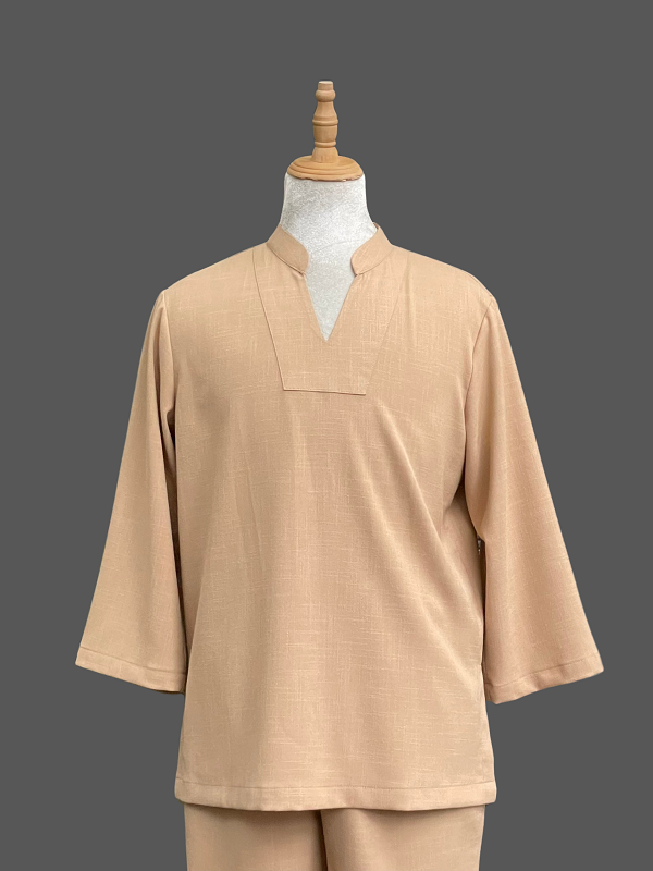 Bộ quần áo Phật tử, trang phục đi chùa, ngồi thiền nam, vải đũi cao cấp, cổ V, màu trắng, ghi, be, đỏ đô, nhiều size, cắt may theo yêu cầu. Bộ An Chí Nam