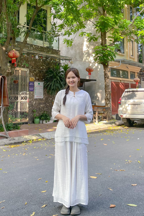 Bộ quần áo đi lễ chùa, áo lam đi chùa, trang phục đi chùa, ngồi thiền, nữ, vải đũi cao cấp, màu trắng, nâu, size S M L XL 2 XL may theo yêu cầu. Bộ Tâm Vân Trang