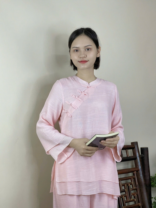 Bộ quần áo đi lễ chùa, áo lam đi chùa, trang phục đi chùa, ngồi thiền, nữ, vải đũi cao cấp, màu trắng, nâu, size S M L XL 2 XL may theo yêu cầu. Bộ An Cát Tường