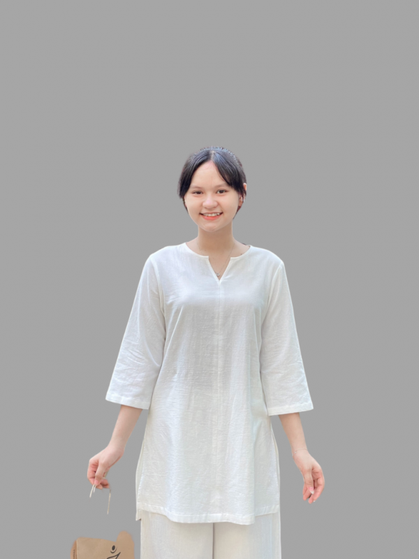 Bộ quần áo đi lễ chùa, áo lam đi chùa, trang phục đi chùa nữ, vải đũi, cổ tròn khoét chữ V, tà dài, màu nâu, hồng, lam, size S M L XL 2 XL hàng cao cấp, may theo yêu cầu - Cúc Họa Mi