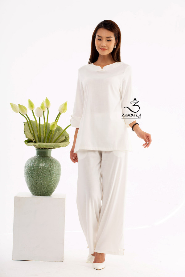 Bộ quần áo đi lễ chùa, áo lam đi chùa, trang phục đi chùa, ngồi thiền, nữ, vải đũi cao cấp, màu trắng, nâu, size S M L XL 2 XL may theo yêu cầu - Tâm Nguyện