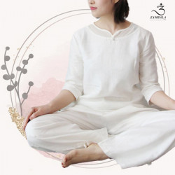 Bộ quần áo đi lễ chùa, áo lam đi chùa, trang phục đi chùa, ngồi thiền, nữ, vải đũi cao cấp, màu trắng, nâu, size S M L XL 2 XL may theo yêu cầu - Tâm Nguyện