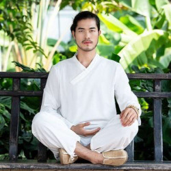 Bộ quần áo Phật tử, trang phục đi chùa, ngồi thiền nam, chất vải tự nhiên cao cấp, màu trắng, ghi, be, đỏ đô, size S, M, L, XL, 2XL..., cắt may theo yêu cầu. Bộ cổ chéo đơn khuy