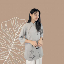 Bộ quần áo đi lễ chùa, áo lam đi chùa, trang phục đi chùa nữ, vải đũi, cổ cao nút ngọc, tà dài, màu trắng, nâu, ghi, lam, size S M L XL 2 XL hàng cao cấp, may theo yêu cầu - An Trúc Ngọc