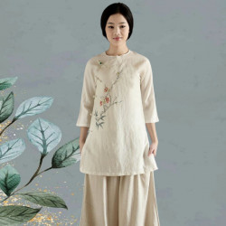 Bộ quần áo đi lễ chùa, áo lam đi chùa, trang phục đi chùa nữ, vải đũi, cổ tròn nút vải, vẽ hoa đào, màu trắng, nâu, ghi, lam, size S M L XL 2 XL hàng cao cấp, may theo yêu cầu -  Thanh Mộc Nhiên