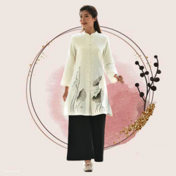 Bộ quần áo đi lễ chùa, áo lam đi chùa, trang phục đi chùa nữ, vải đũi, cổ cao, tà dài, màu trắng, nâu, ghi, lam, size S M L XL 2 XL hàng cao cấp, may theo yêu cầu - An Trang Nhã