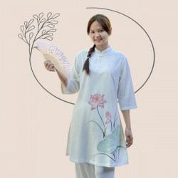 Bộ quần áo đi lễ chùa, áo lam đi chùa, trang phục đi chùa nữ, vải đũi, cổ cao, vẽ hoa sen, màu trắng, nâu, ghi, lam, size S M L XL 2 XL hàng cao cấp, may theo yêu cầu - An Nhã Lương