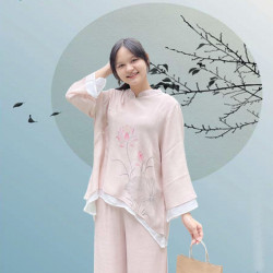 Bộ quần áo đi lễ chùa, áo lam đi chùa, trang phục đi chùa, ngồi thiền, nữ, nút vải, vải đũi cao cấp, màu trắng, nâu, size S M L XL 2 XL may theo yêu cầu - An Thanh Vân