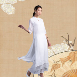 Bộ quần áo đi lễ chùa, áo lam đi chùa, trang phục đi chùa nữ, vải tơ đũi, cổ V, áo dài cổ cao, 2 tà, màu nâu, hồng, lam, size S M L XL 2 XL hàng cao cấp, may theo yêu cầu - Cô Tiên Tự Vũ