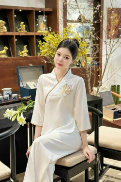 Bộ quần áo đi lễ chùa, áo lam đi chùa, trang phục đi chùa nữ, vải lụa chéo, áo thêu 3 lá đề, có dây vải trang trí, màu trắng, nâu, be, lam, size S M L XL