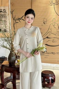 Bộ quần áo đi lễ chùa, áo lam đi chùa, trang phục đi chùa nữ, vải linen mềm, Vạt hò cúc gỗ thêu sen, màu trắng, nâu, be, lam, size S M L XL