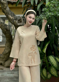 Bộ quần áo đi lễ chùa, áo lam đi chùa, trang phục đi chùa nữ, vải linen thun, hình thêu hoa cúc, màu vàng, tím, đỏ, be, size S M L XL - Bộ vạt hò