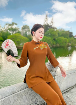 Bộ quần áo đi lễ chùa, áo lam đi chùa, trang phục đi chùa nữ, cổ tàu thêu hoa sala, vải lụa tằm ý, các màu, size S M L XL