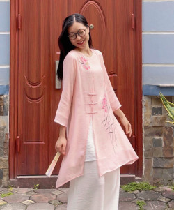 Bộ quần áo đi lễ chùa, áo lam đi chùa, trang phục đi chùa nữ, vải tơ đũi, cổ tròn xẻ tà, màu trắng, size S M L XL 2 XL hàng cao cấp, may theo yêu cầu - Tâm An Nghiêm