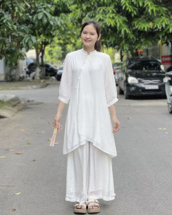 Bộ quần áo đi lễ chùa, áo lam đi chùa, trang phục đi chùa nữ, vải tơ đũi, cổ tàu tà dài, màu trắng, lam, hồng, nâu sữa, size S M L XL 2 XL hàng cao cấp, may theo yêu cầu - Tâm Hạ Vân