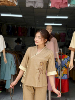 Bộ Pháp Phục, Đồ Lam Nữ Đi Chùa – Nút Bọc Thêu Sen - Size S,M,L,XL