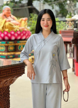 Bộ Pháp Phục, Đồ Lam Nữ Đi Chùa Linen Ấn - Cổ Xéo 2 Nút Sò - Size S,M,L,XL
