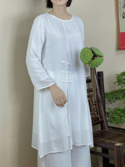 Bộ quần áo đi lễ chùa, áo lam đi chùa, trang phục đi chùa nữ, vải tơ đũi, cổ tròn xẻ tà, màu trắng, size S M L XL 2 XL hàng cao cấp, may theo yêu cầu - Tâm An Nghiêm