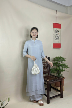 Bộ quần áo đi lễ chùa, áo lam đi chùa, trang phục đi chùa nữ, vải tơ đũi, cổ V, áo dài cổ cao, 2 tà, màu nâu, hồng, lam, size S M L XL 2 XL hàng cao cấp, may theo yêu cầu - Cô Tiên Tự Vũ