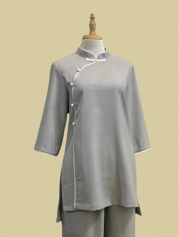 Bộ quần áo đi lễ chùa, áo lam đi chùa, trang phục đi chùa nữ, vải đũi, cổ cao, nút ngọc, màu trắng, lam, hồng, nâu sữa, size S M L XL 2 XL hàng cao cấp, may theo yêu cầu - An Thùy Vân