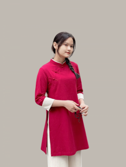 Bộ quần áo đi lễ chùa, áo lam đi chùa, trang phục đi chùa nữ, vải đũi, cổ cao, tà dài, màu trắng, nâu, ghi, lam, size S M L XL 2 XL hàng cao cấp, may theo yêu cầu - An Thuỳ Châu
