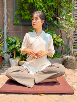 Bộ quần áo đi lễ chùa, áo lam đi chùa, trang phục đi chùa, ngồi thiền, nữ, vải đũi cao cấp, màu trắng, nâu, size S M L XL 2 XL may theo yêu cầu - Đan Ngọc
